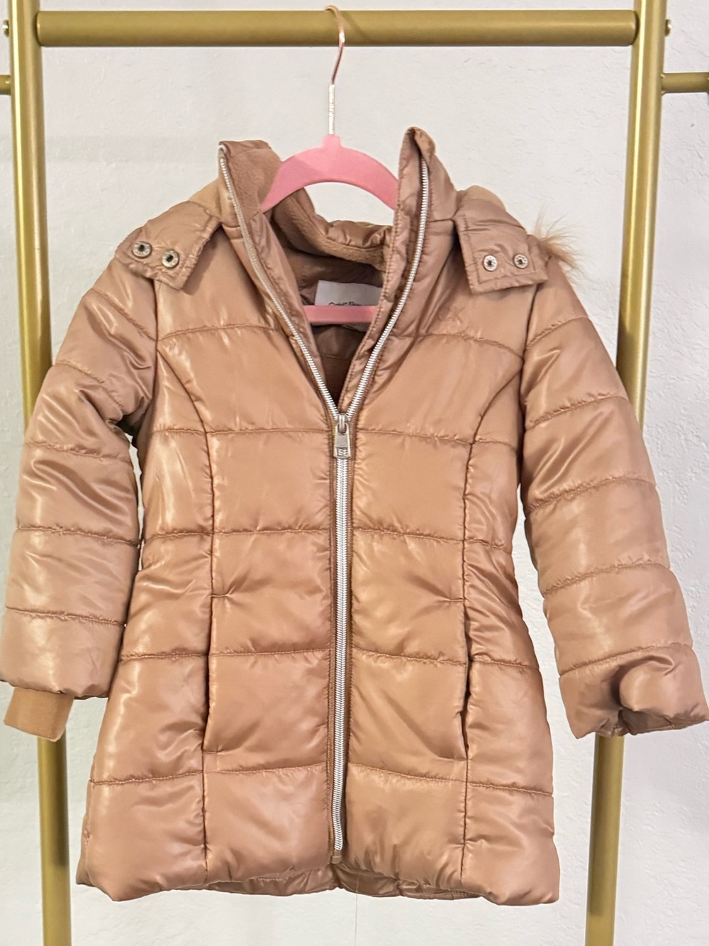 Calvin Klein Jeans Girls Toddler Puffer Coat Size 2T Pink Faux Fur Hood